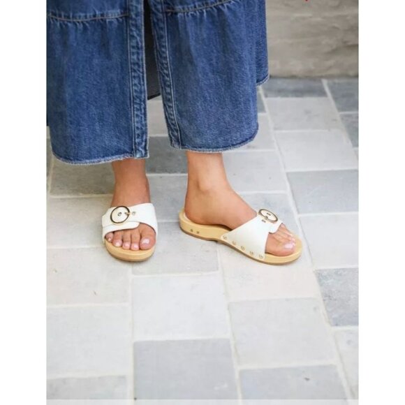 BEEK.. White Leather Slide Sandals With Gold Buckle & Wooden Sole Size 8 - Picture 1 of 15
